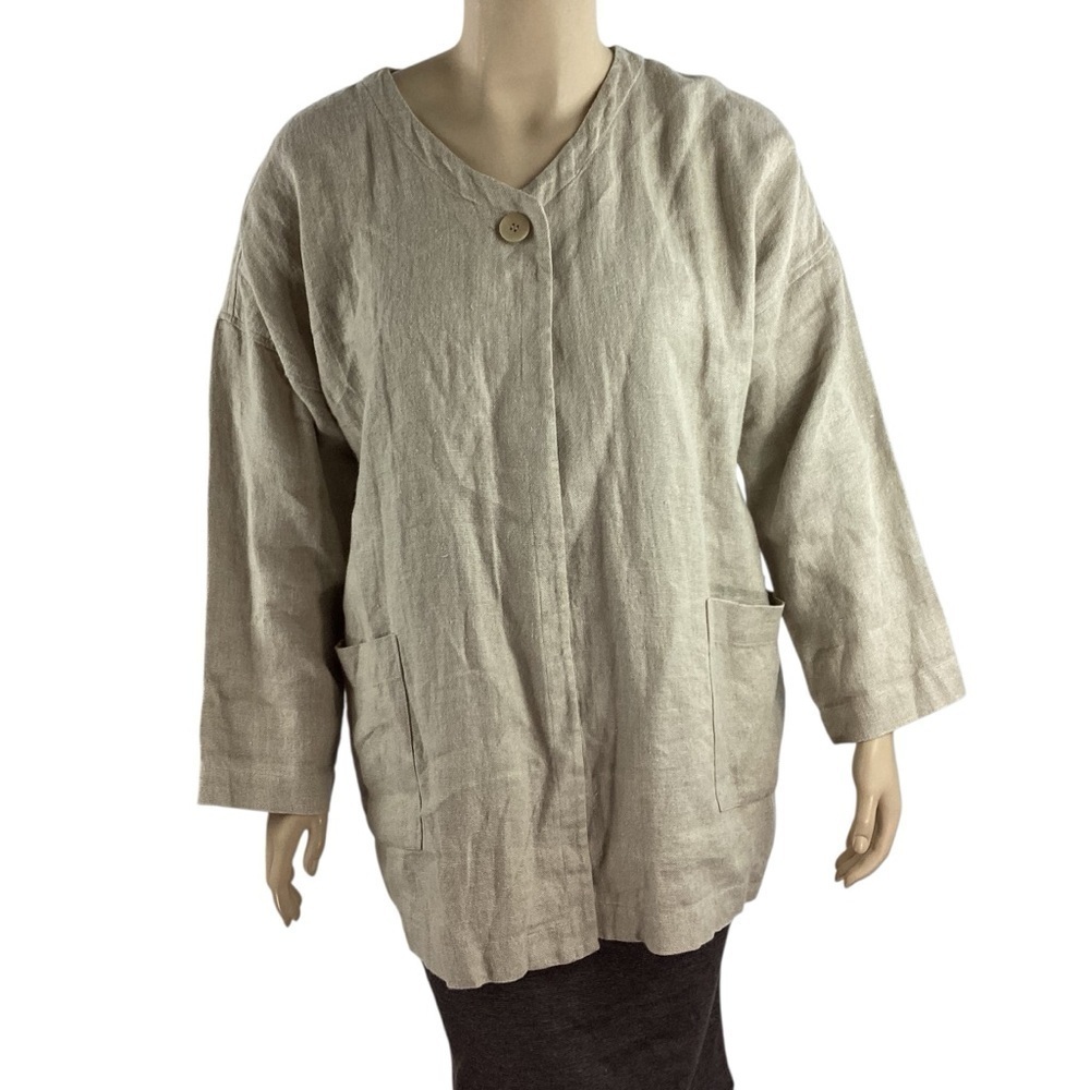 Eileen Fisher Beige Linen V-Neck Hopsack Boxy Jacket Large